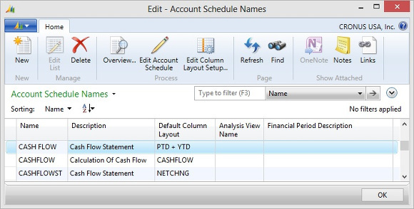 Microsoft Dynamics NAV - Account Schedule Names