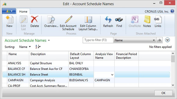 Microsoft Dynamics NAV - Account Schedule Names