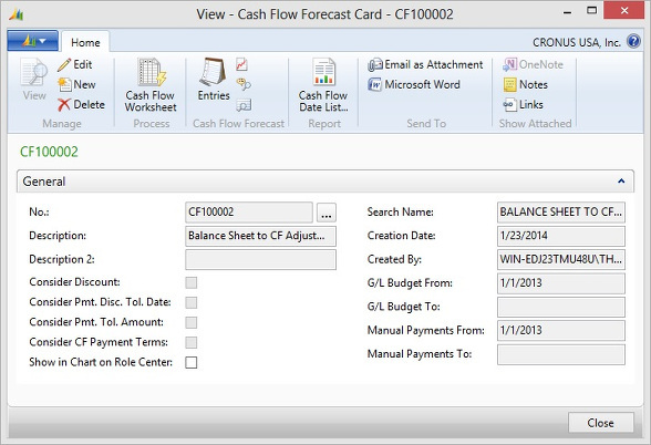 Microsoft Dynamics NAV - Cash Flow Forecast Card