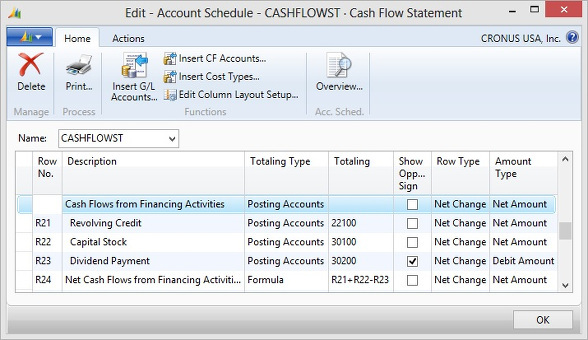 Microsoft Dynamics NAV - Account Schedule - Cash Flow from Financing Activities