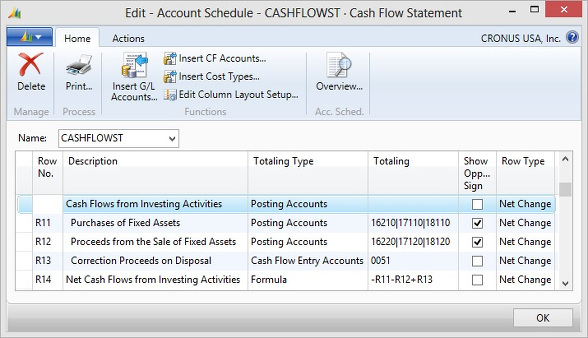 Microsoft Dynamics NAV - Account Schedule - Cash Flow from Investing Activities