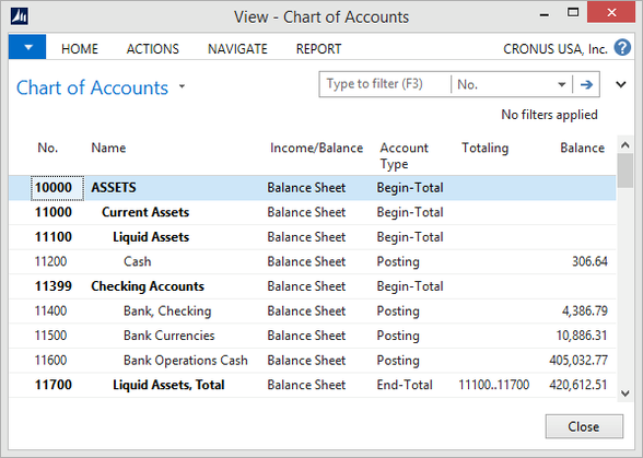 Microsoft Dynamics NAV - Chart of Accounts - before indenting