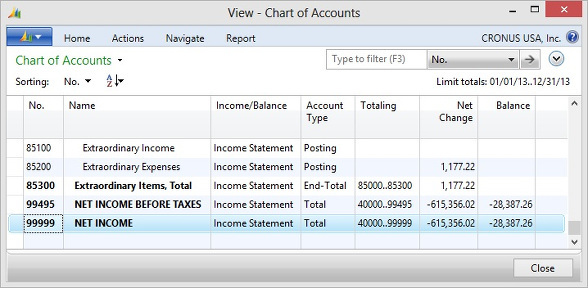 Microsoft Dynamics NAV - Chart of Accounts - Net Income