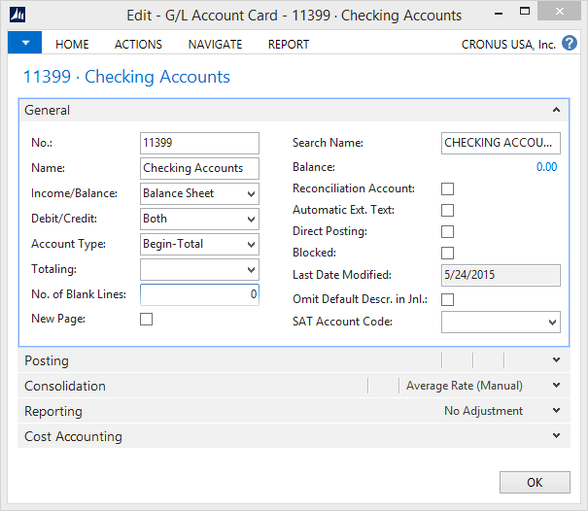 Microsoft Dynamics NAV - G/L Account Card for Begin-Total