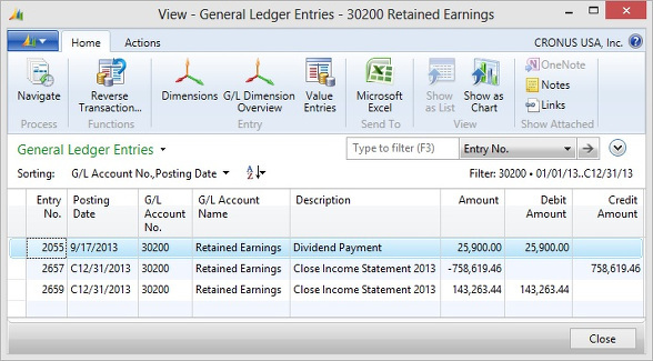 Microsoft Dynamics NAV - General Ledger Entries for Retained Earnings