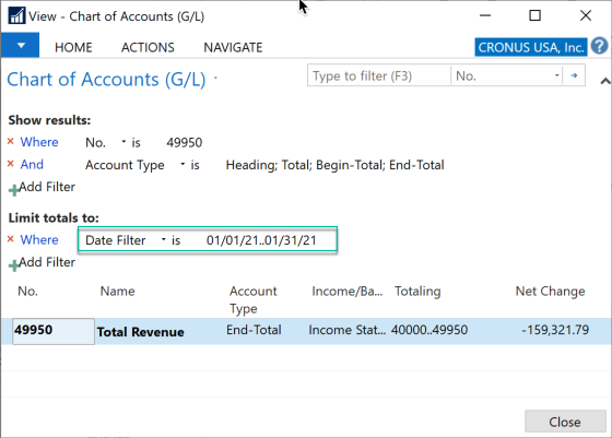 Microsoft Business Central 365 - Chart of Accounts - Account 49950 Total Revenue with date range  filter